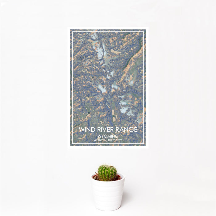 12x18 Wind River Range Wyoming Map Print Portrait Orientation in Afternoon Style With Small Cactus Plant in White Planter