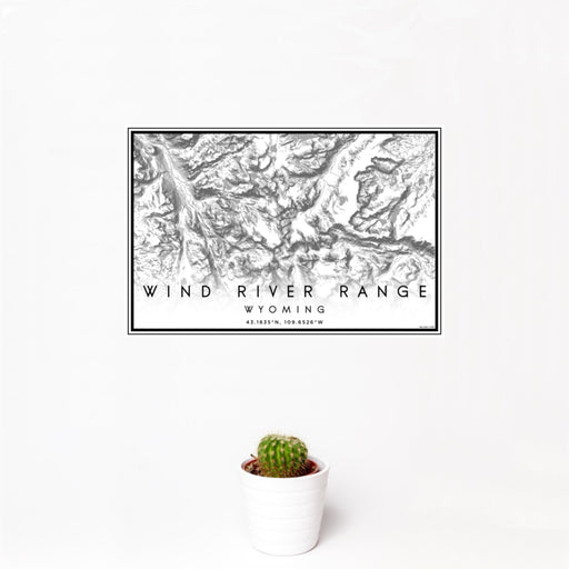12x18 Wind River Range Wyoming Map Print Landscape Orientation in Classic Style With Small Cactus Plant in White Planter