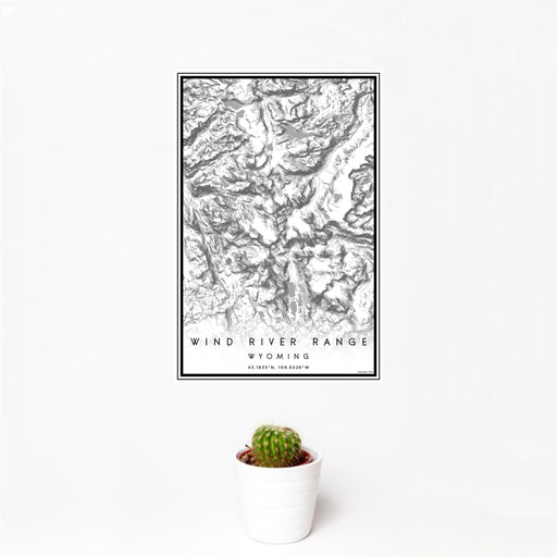 12x18 Wind River Range Wyoming Map Print Portrait Orientation in Classic Style With Small Cactus Plant in White Planter