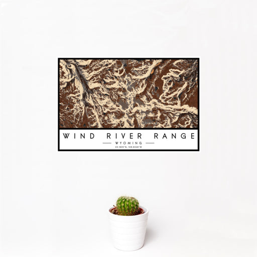 12x18 Wind River Range Wyoming Map Print Landscape Orientation in Ember Style With Small Cactus Plant in White Planter