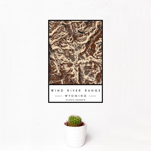 12x18 Wind River Range Wyoming Map Print Portrait Orientation in Ember Style With Small Cactus Plant in White Planter