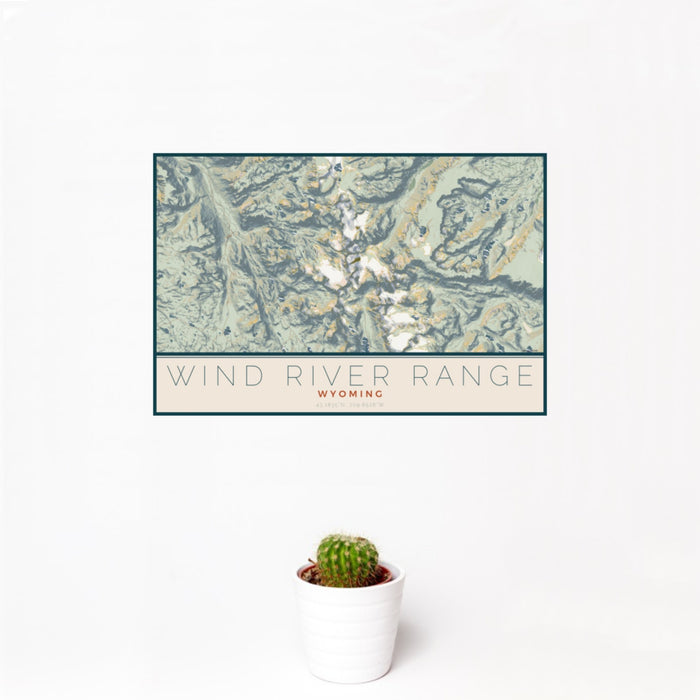 12x18 Wind River Range Wyoming Map Print Landscape Orientation in Woodblock Style With Small Cactus Plant in White Planter