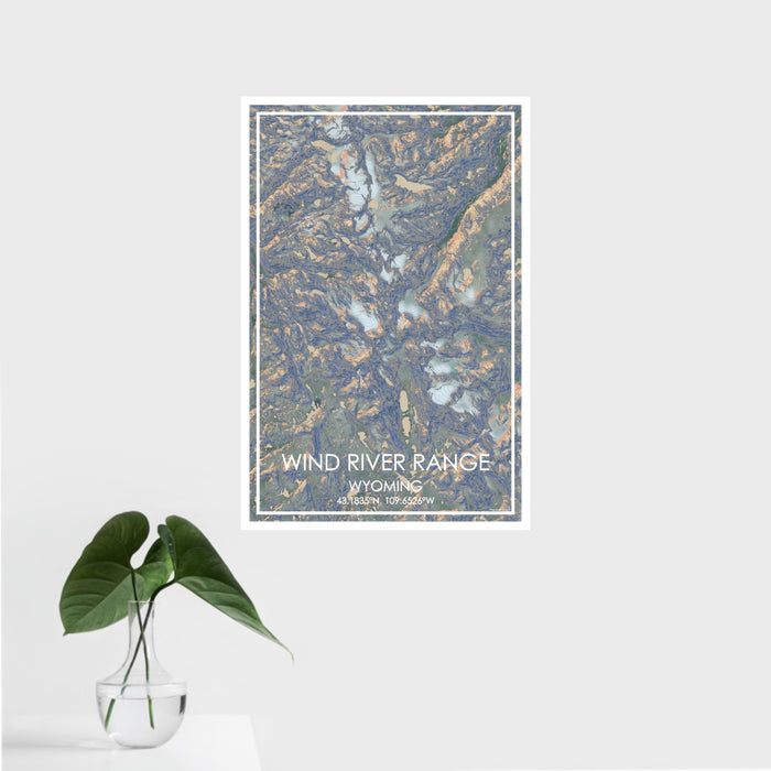 16x24 Wind River Range Wyoming Map Print Portrait Orientation in Afternoon Style With Tropical Plant Leaves in Water
