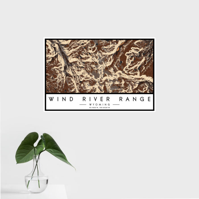 16x24 Wind River Range Wyoming Map Print Landscape Orientation in Ember Style With Tropical Plant Leaves in Water