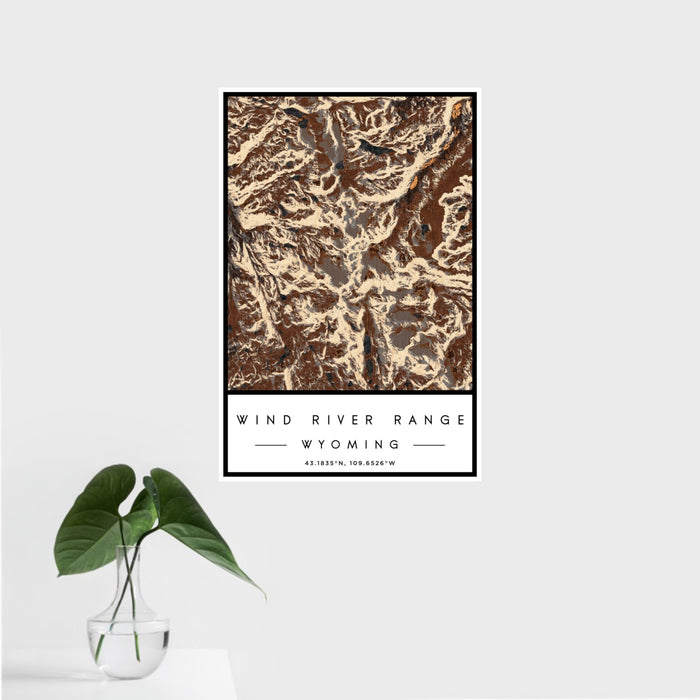 16x24 Wind River Range Wyoming Map Print Portrait Orientation in Ember Style With Tropical Plant Leaves in Water