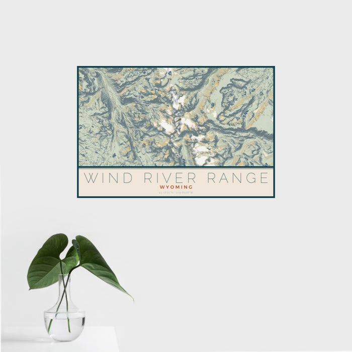 16x24 Wind River Range Wyoming Map Print Landscape Orientation in Woodblock Style With Tropical Plant Leaves in Water
