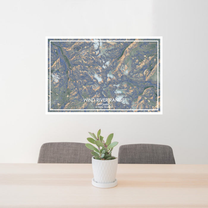 24x36 Wind River Range Wyoming Map Print Lanscape Orientation in Afternoon Style Behind 2 Chairs Table and Potted Plant