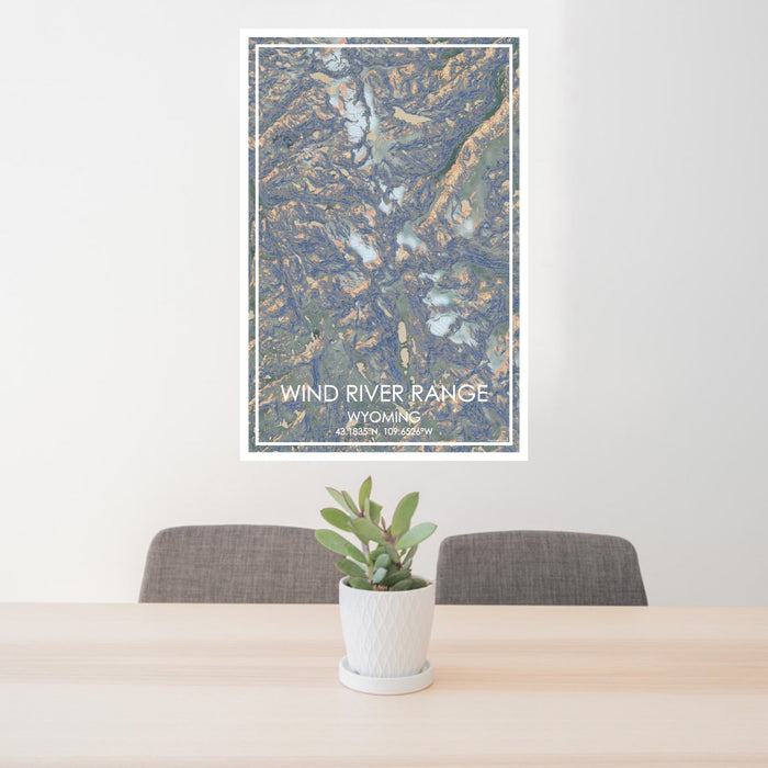 24x36 Wind River Range Wyoming Map Print Portrait Orientation in Afternoon Style Behind 2 Chairs Table and Potted Plant