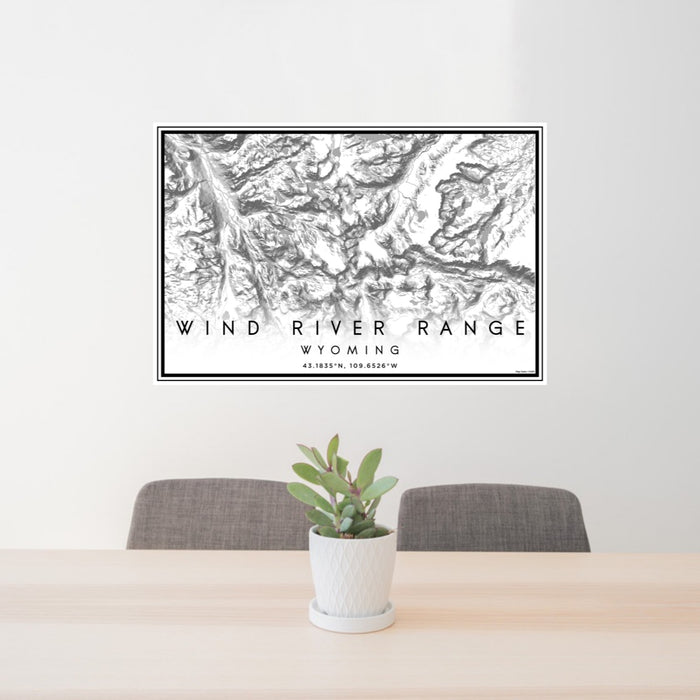 24x36 Wind River Range Wyoming Map Print Lanscape Orientation in Classic Style Behind 2 Chairs Table and Potted Plant