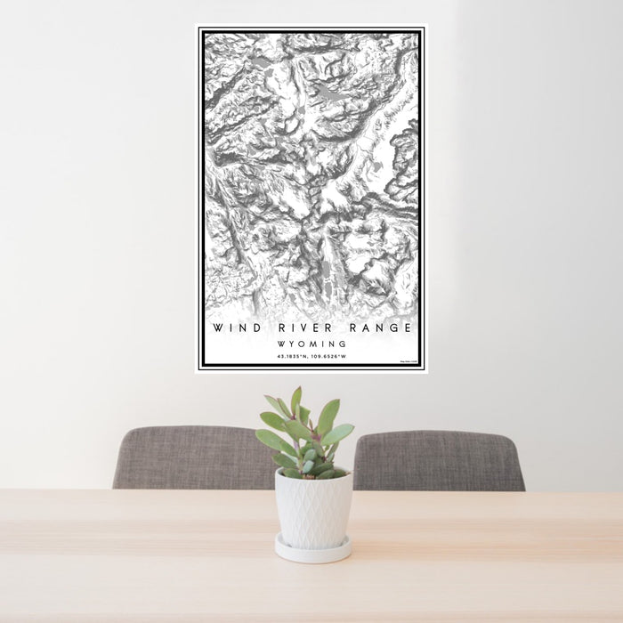 24x36 Wind River Range Wyoming Map Print Portrait Orientation in Classic Style Behind 2 Chairs Table and Potted Plant