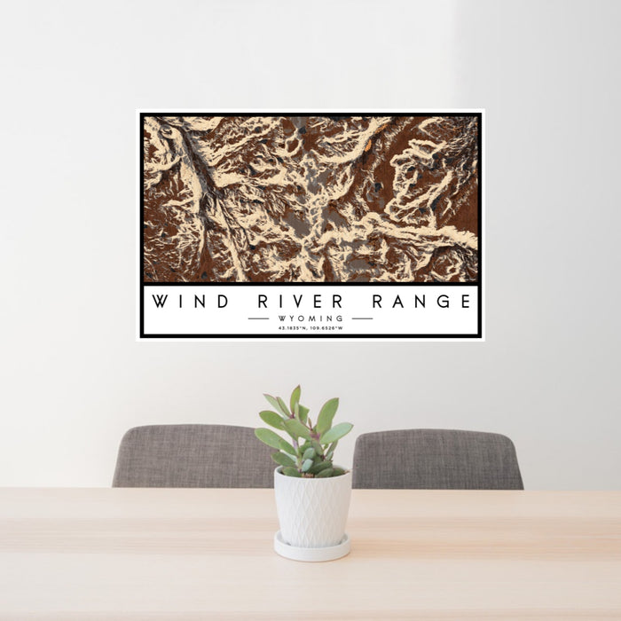 24x36 Wind River Range Wyoming Map Print Lanscape Orientation in Ember Style Behind 2 Chairs Table and Potted Plant