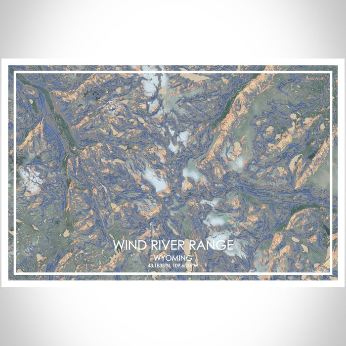 Wind River Range Wyoming Map Print Landscape Orientation in Afternoon Style With Shaded Background