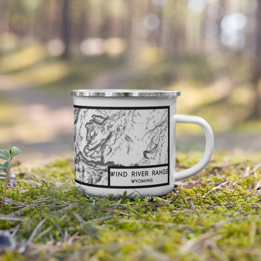 Right View Custom Wind River Range Wyoming Map Enamel Mug in Classic on Grass With Trees in Background