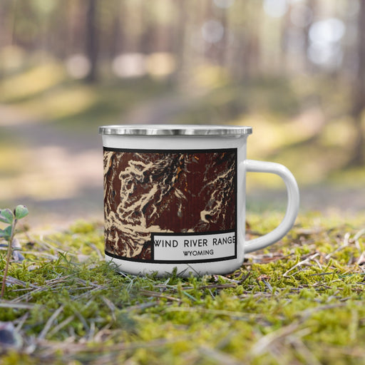 Right View Custom Wind River Range Wyoming Map Enamel Mug in Ember on Grass With Trees in Background