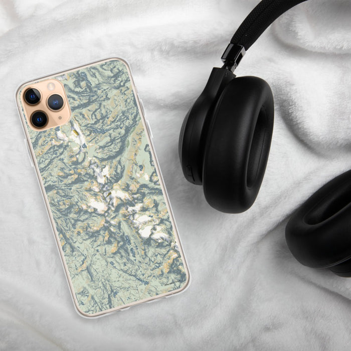Custom Wind River Range Wyoming Map Phone Case in Woodblock on Table with Black Headphones