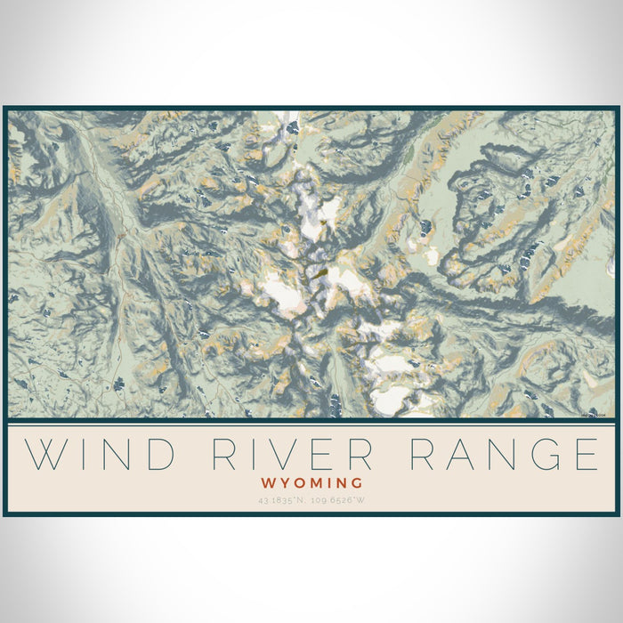 Wind River Range Wyoming Map Print Landscape Orientation in Woodblock Style With Shaded Background