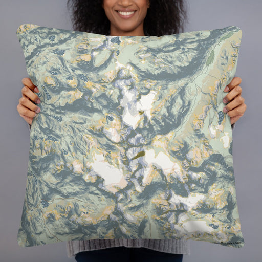 Person holding 22x22 Custom Wind River Range Wyoming Map Throw Pillow in Woodblock