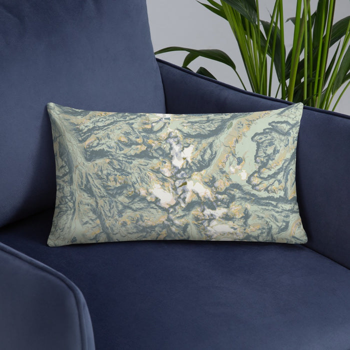 Custom Wind River Range Wyoming Map Throw Pillow in Woodblock on Blue Colored Chair