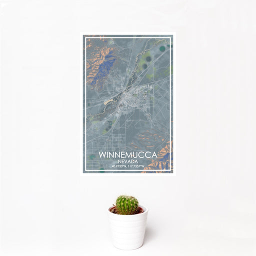 12x18 Winnemucca Nevada Map Print Portrait Orientation in Afternoon Style With Small Cactus Plant in White Planter