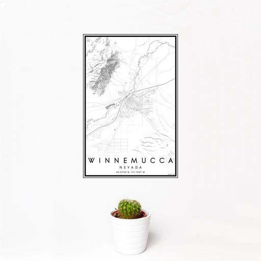 12x18 Winnemucca Nevada Map Print Portrait Orientation in Classic Style With Small Cactus Plant in White Planter