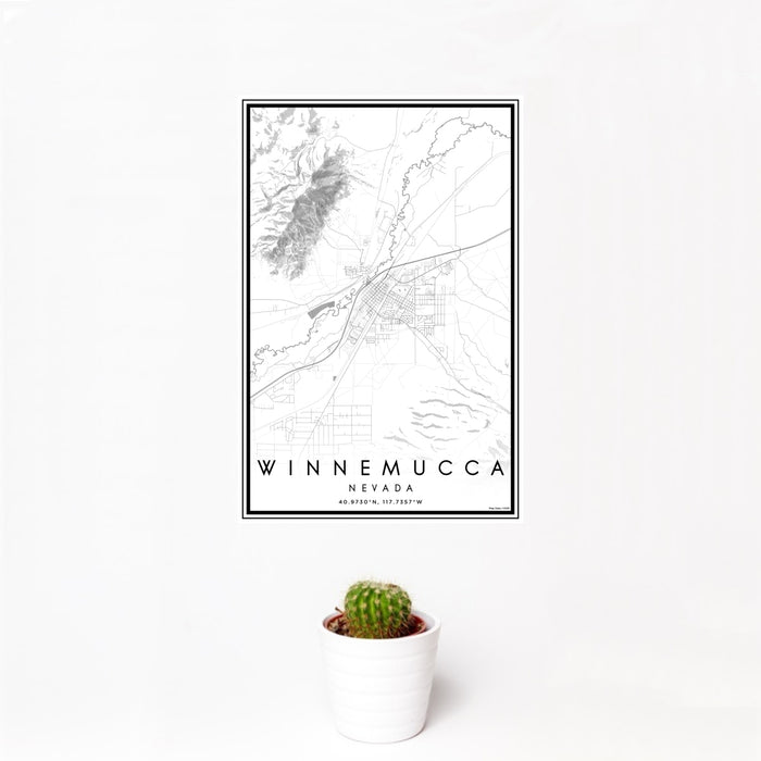 12x18 Winnemucca Nevada Map Print Portrait Orientation in Classic Style With Small Cactus Plant in White Planter