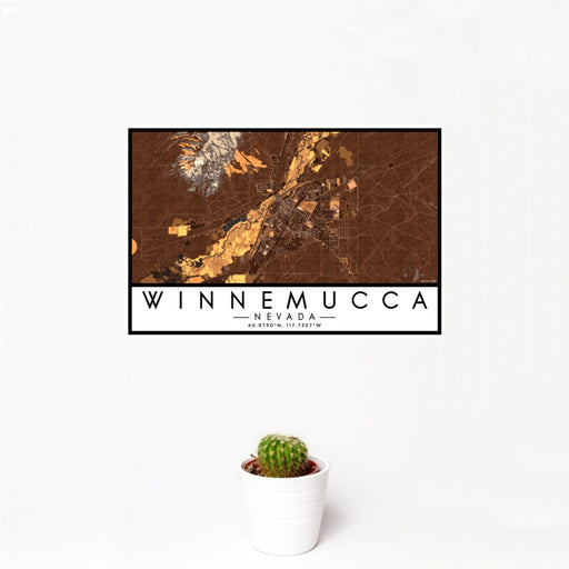 12x18 Winnemucca Nevada Map Print Landscape Orientation in Ember Style With Small Cactus Plant in White Planter