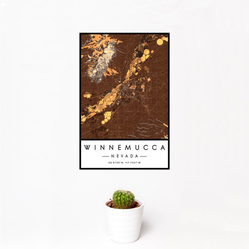 12x18 Winnemucca Nevada Map Print Portrait Orientation in Ember Style With Small Cactus Plant in White Planter