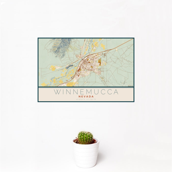 12x18 Winnemucca Nevada Map Print Landscape Orientation in Woodblock Style With Small Cactus Plant in White Planter