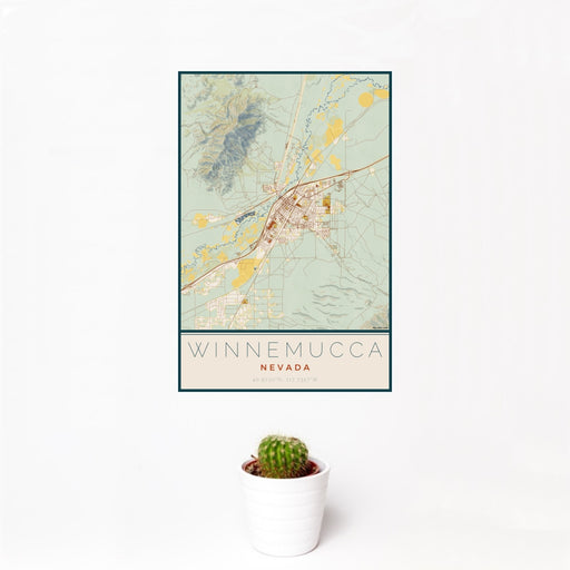 12x18 Winnemucca Nevada Map Print Portrait Orientation in Woodblock Style With Small Cactus Plant in White Planter