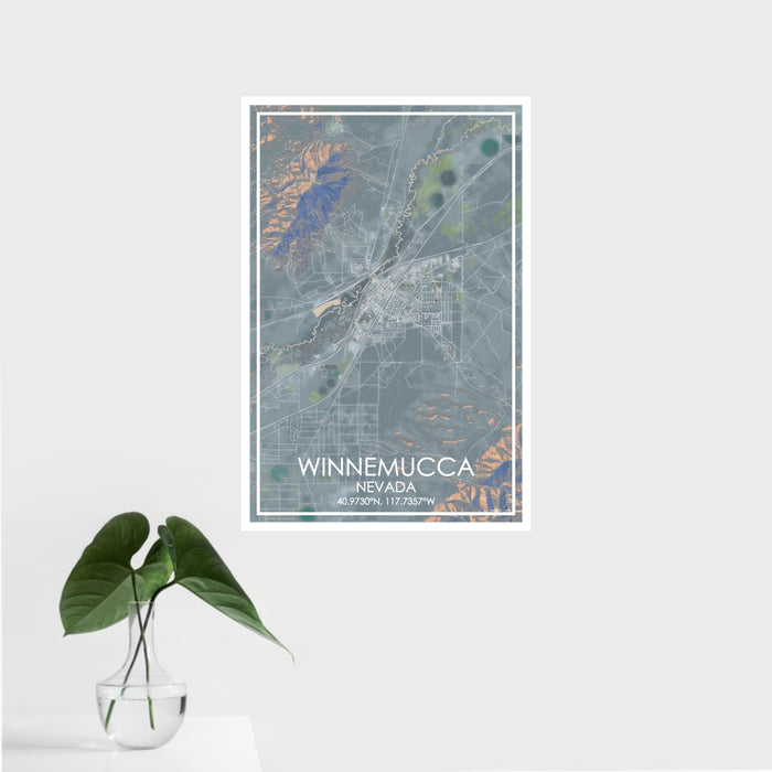 16x24 Winnemucca Nevada Map Print Portrait Orientation in Afternoon Style With Tropical Plant Leaves in Water