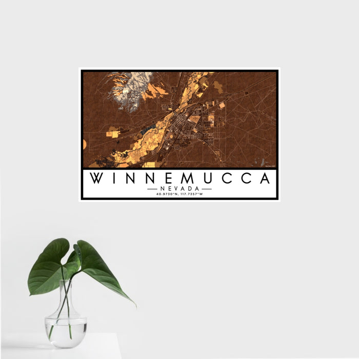 16x24 Winnemucca Nevada Map Print Landscape Orientation in Ember Style With Tropical Plant Leaves in Water