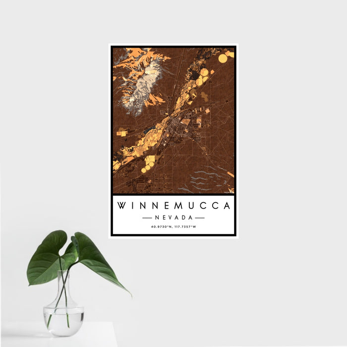 16x24 Winnemucca Nevada Map Print Portrait Orientation in Ember Style With Tropical Plant Leaves in Water