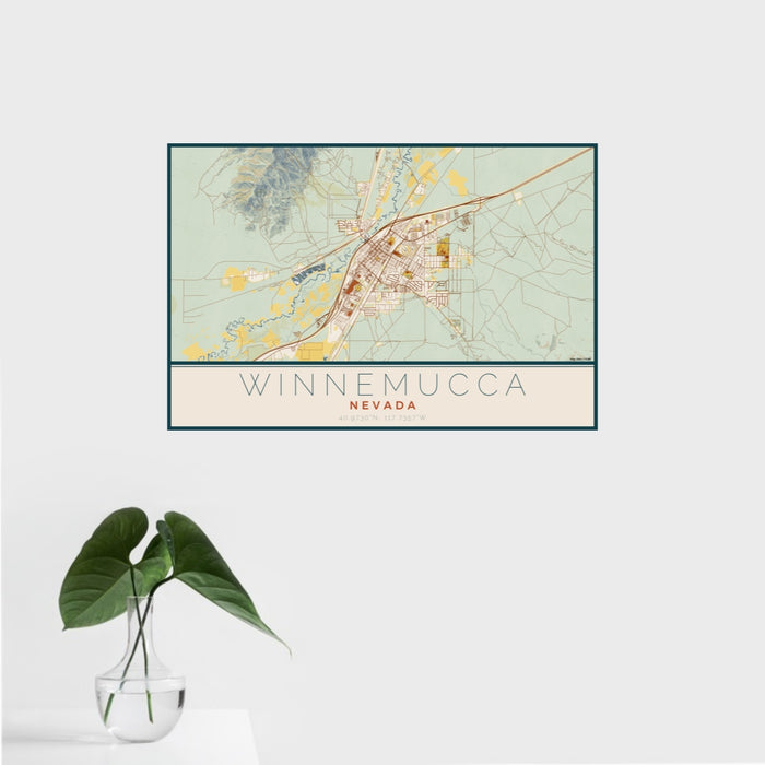 16x24 Winnemucca Nevada Map Print Landscape Orientation in Woodblock Style With Tropical Plant Leaves in Water