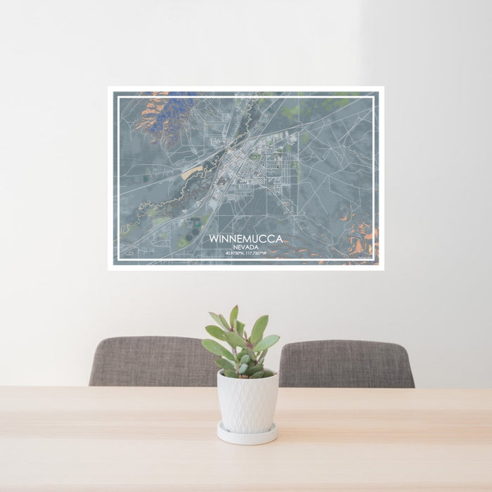 24x36 Winnemucca Nevada Map Print Lanscape Orientation in Afternoon Style Behind 2 Chairs Table and Potted Plant