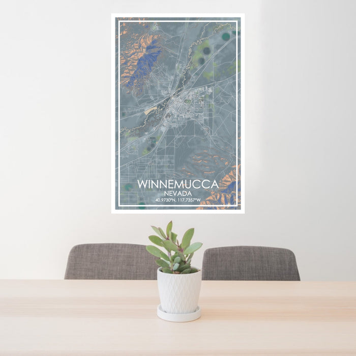 24x36 Winnemucca Nevada Map Print Portrait Orientation in Afternoon Style Behind 2 Chairs Table and Potted Plant