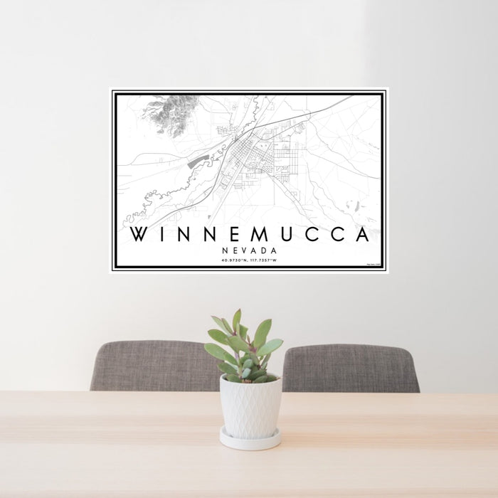 24x36 Winnemucca Nevada Map Print Lanscape Orientation in Classic Style Behind 2 Chairs Table and Potted Plant