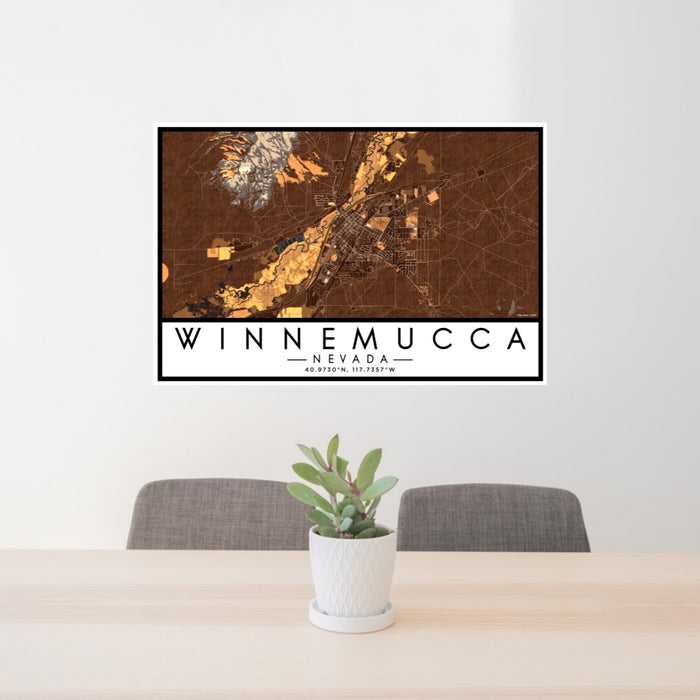 24x36 Winnemucca Nevada Map Print Lanscape Orientation in Ember Style Behind 2 Chairs Table and Potted Plant