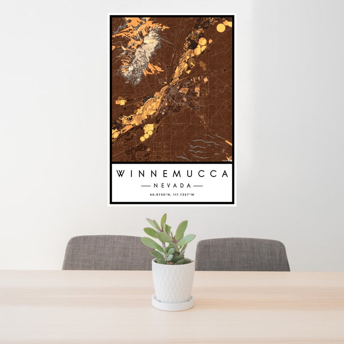 24x36 Winnemucca Nevada Map Print Portrait Orientation in Ember Style Behind 2 Chairs Table and Potted Plant