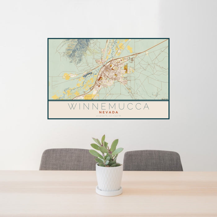 24x36 Winnemucca Nevada Map Print Lanscape Orientation in Woodblock Style Behind 2 Chairs Table and Potted Plant