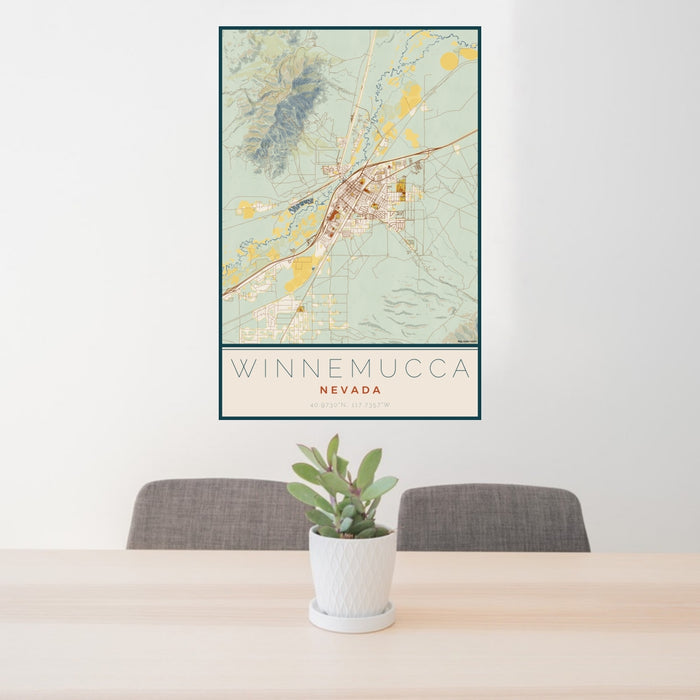 24x36 Winnemucca Nevada Map Print Portrait Orientation in Woodblock Style Behind 2 Chairs Table and Potted Plant
