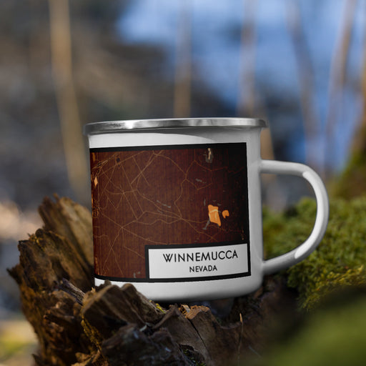 Right View Custom Winnemucca Nevada Map Enamel Mug in Ember on Grass With Trees in Background