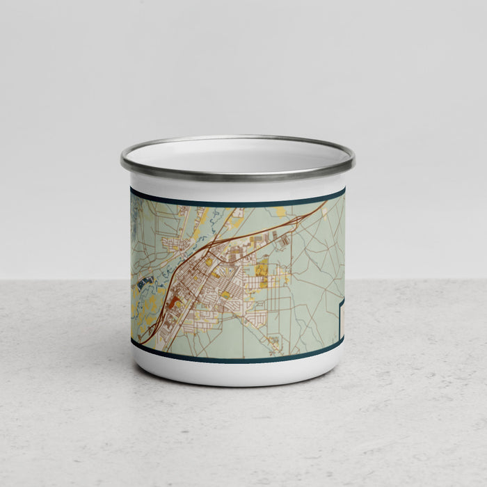Front View Custom Winnemucca Nevada Map Enamel Mug in Woodblock