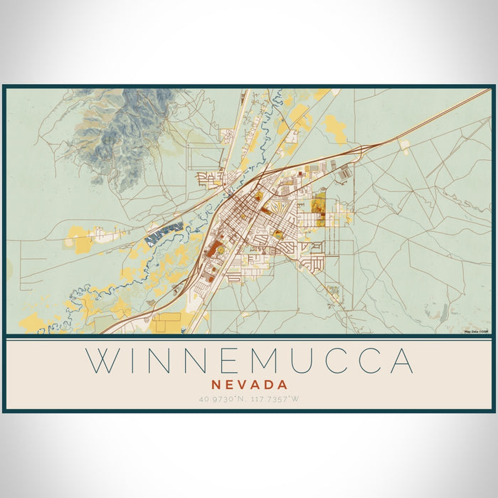 Winnemucca Nevada Map Print Landscape Orientation in Woodblock Style With Shaded Background