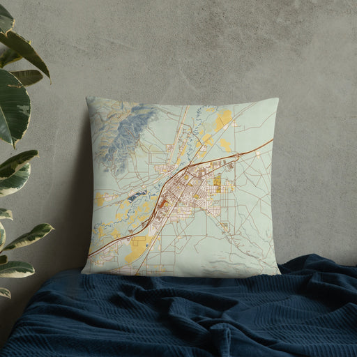 Custom Winnemucca Nevada Map Throw Pillow in Woodblock on Bedding Against Wall