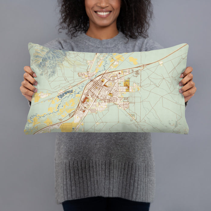 Person holding 20x12 Custom Winnemucca Nevada Map Throw Pillow in Woodblock