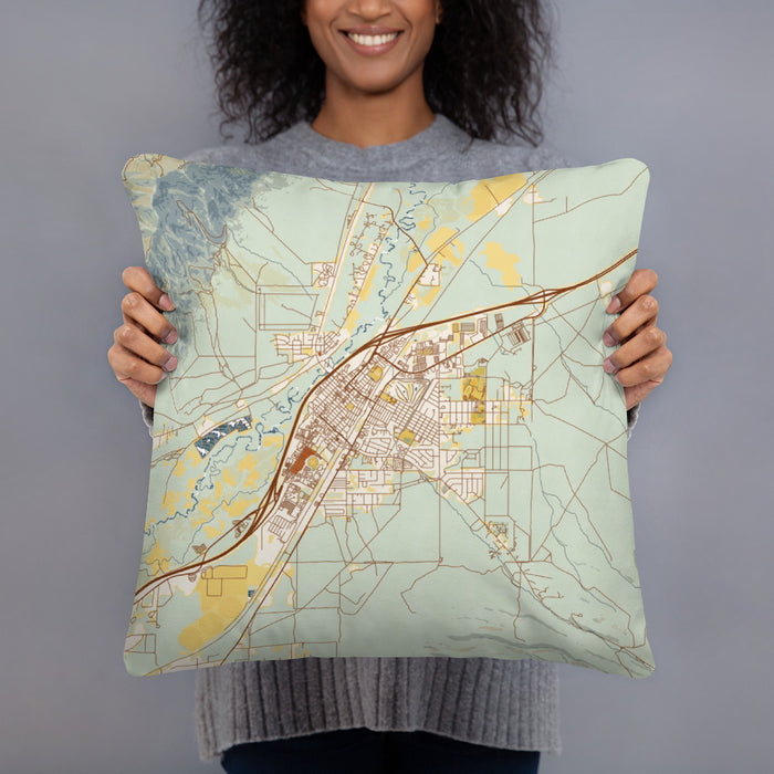 Person holding 18x18 Custom Winnemucca Nevada Map Throw Pillow in Woodblock