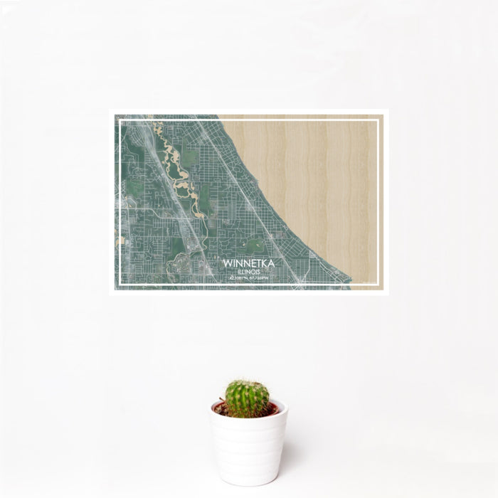 12x18 Winnetka Illinois Map Print Landscape Orientation in Afternoon Style With Small Cactus Plant in White Planter