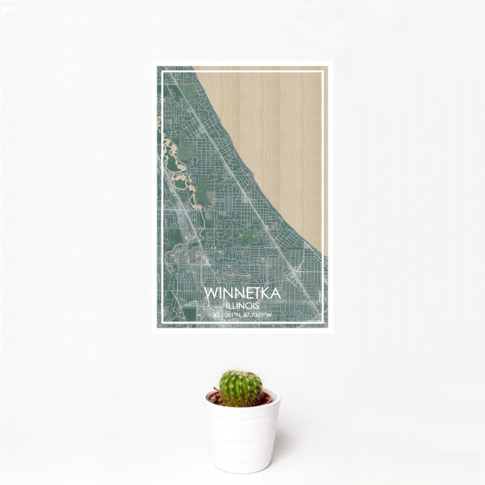 12x18 Winnetka Illinois Map Print Portrait Orientation in Afternoon Style With Small Cactus Plant in White Planter