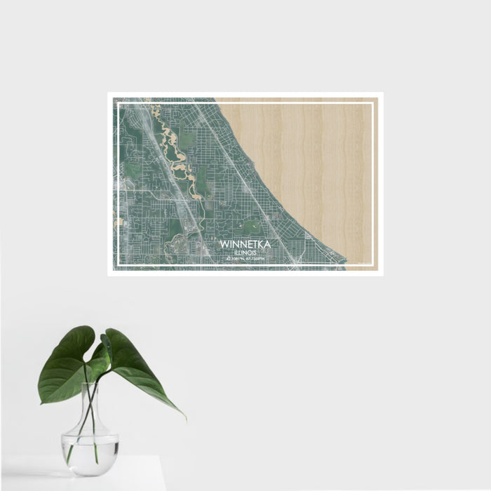 16x24 Winnetka Illinois Map Print Landscape Orientation in Afternoon Style With Tropical Plant Leaves in Water