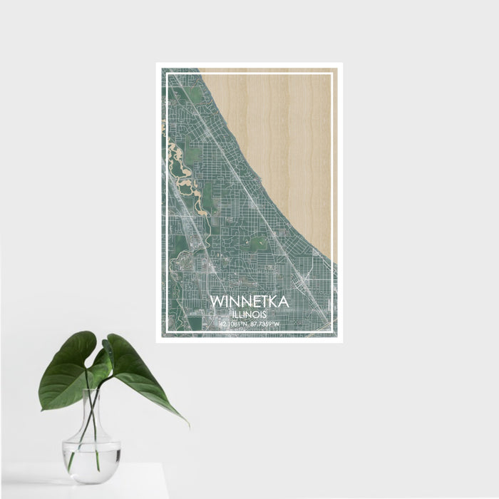 16x24 Winnetka Illinois Map Print Portrait Orientation in Afternoon Style With Tropical Plant Leaves in Water